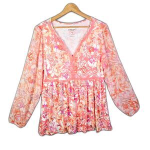 Torrid Super Soft Tunic Top Coral Floral Semi Sheer Sleeves Rayon Stretch 2 Boho